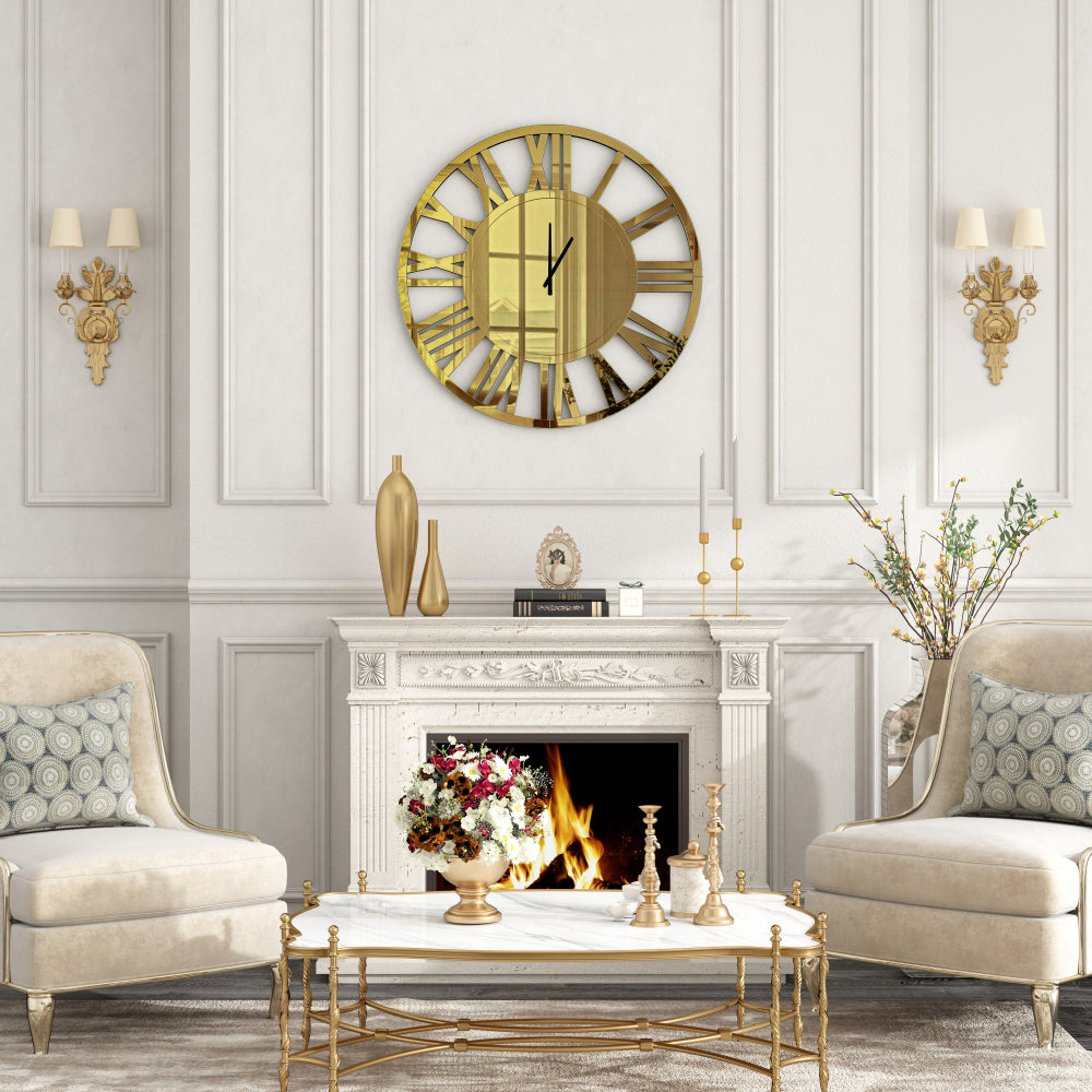 Wandklok – Muurklok – Klok – Analoog – Glazen klok – Diameter 80 cm – Batterijwerkend – Gouden accenten