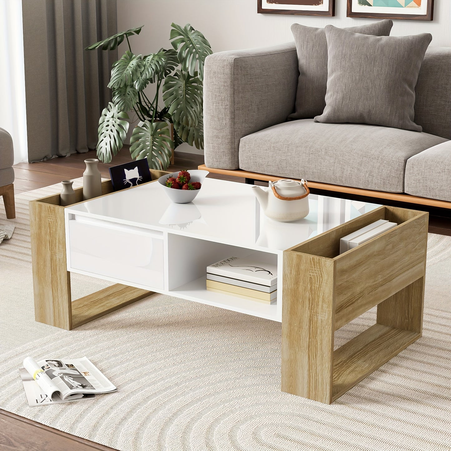 Salontafel – Koffietafel – Tafel – Woonkamertafel – Bijzettafel – Zwart Met Licht Witte Hoogglans Details – Modern Design Met Opbergruimte – 105x60x40 Cm