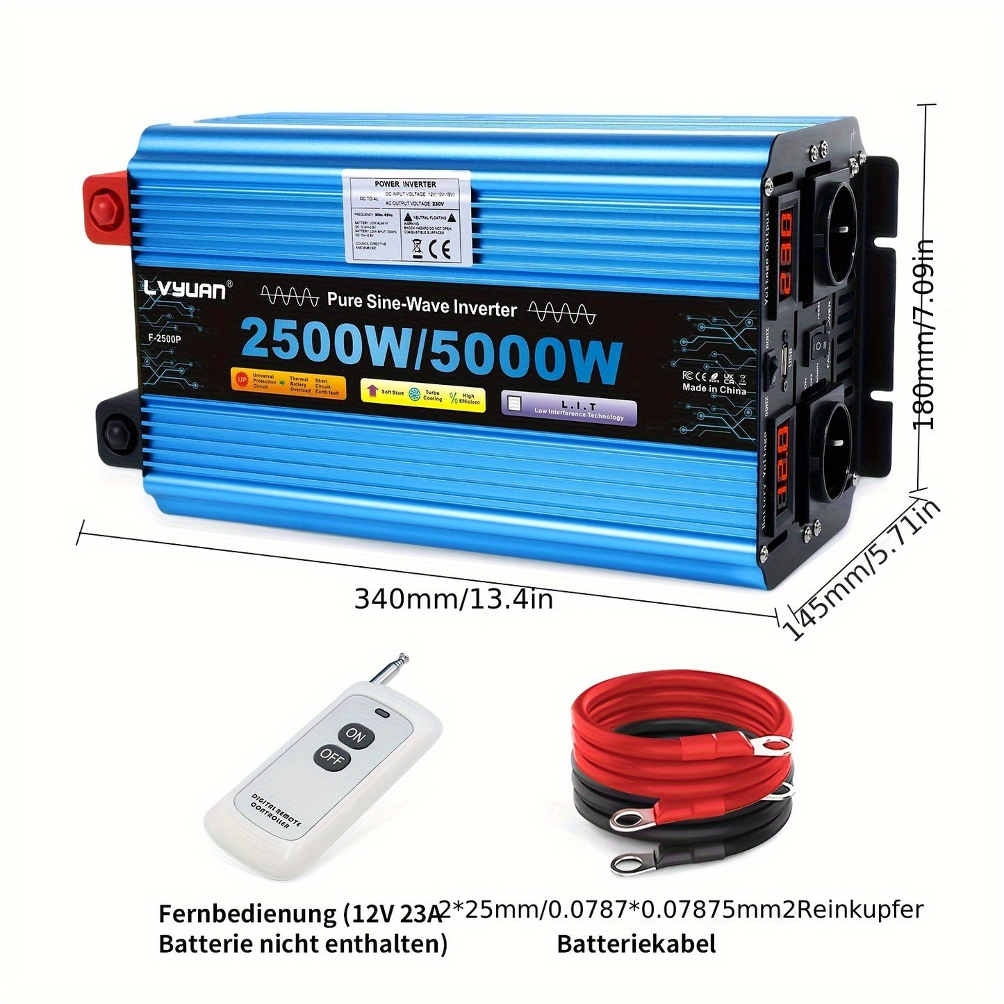 Zuivere Sinus Omvormer – Stroomomzetter – Spanning Converter – DC naar AC Inverter – Autoinverter 12V 2500W – LED Display – 2 Stopcontacten & USB Poorten