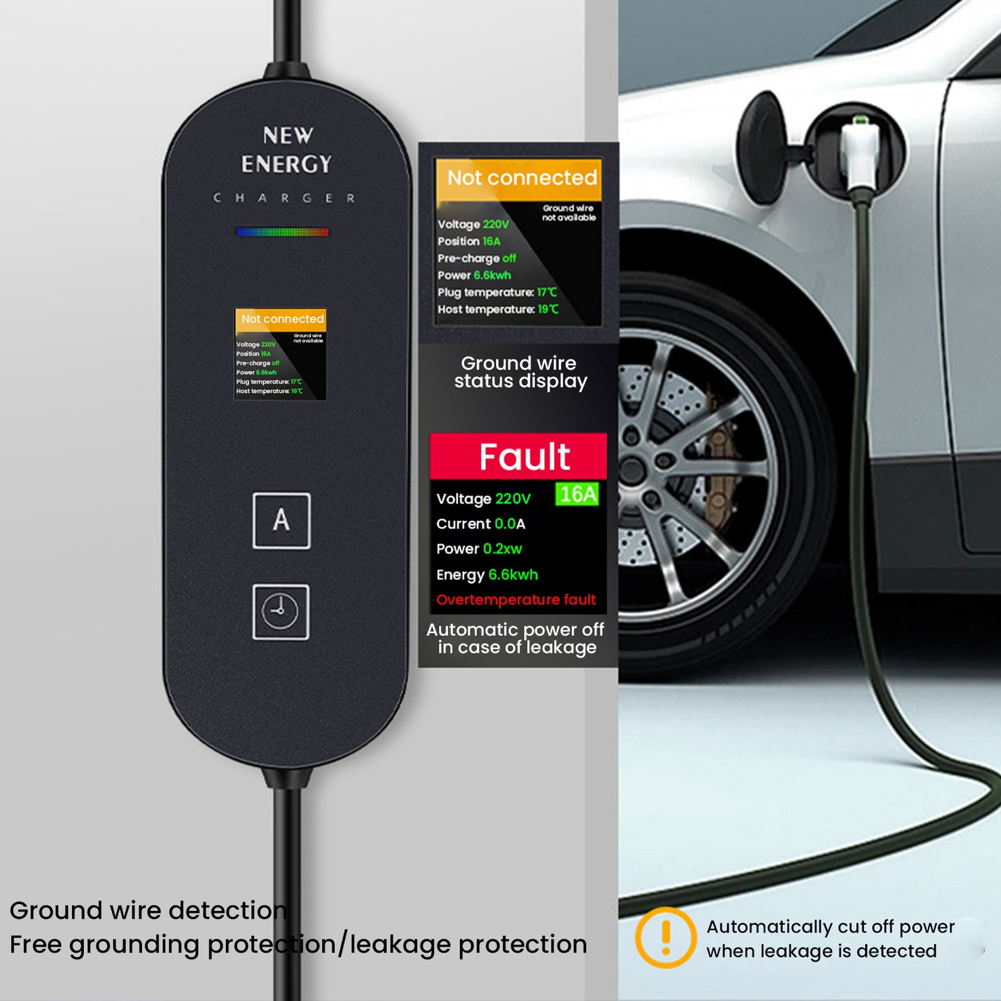 EV Laadpaal – EV Lader – Elektrische Oplader – Mobiele Lader – Laadstation – 3,6 kW Vermogen – Verstelbare Laadstroom 8-16A – LED Display – 5 Meter Kabel