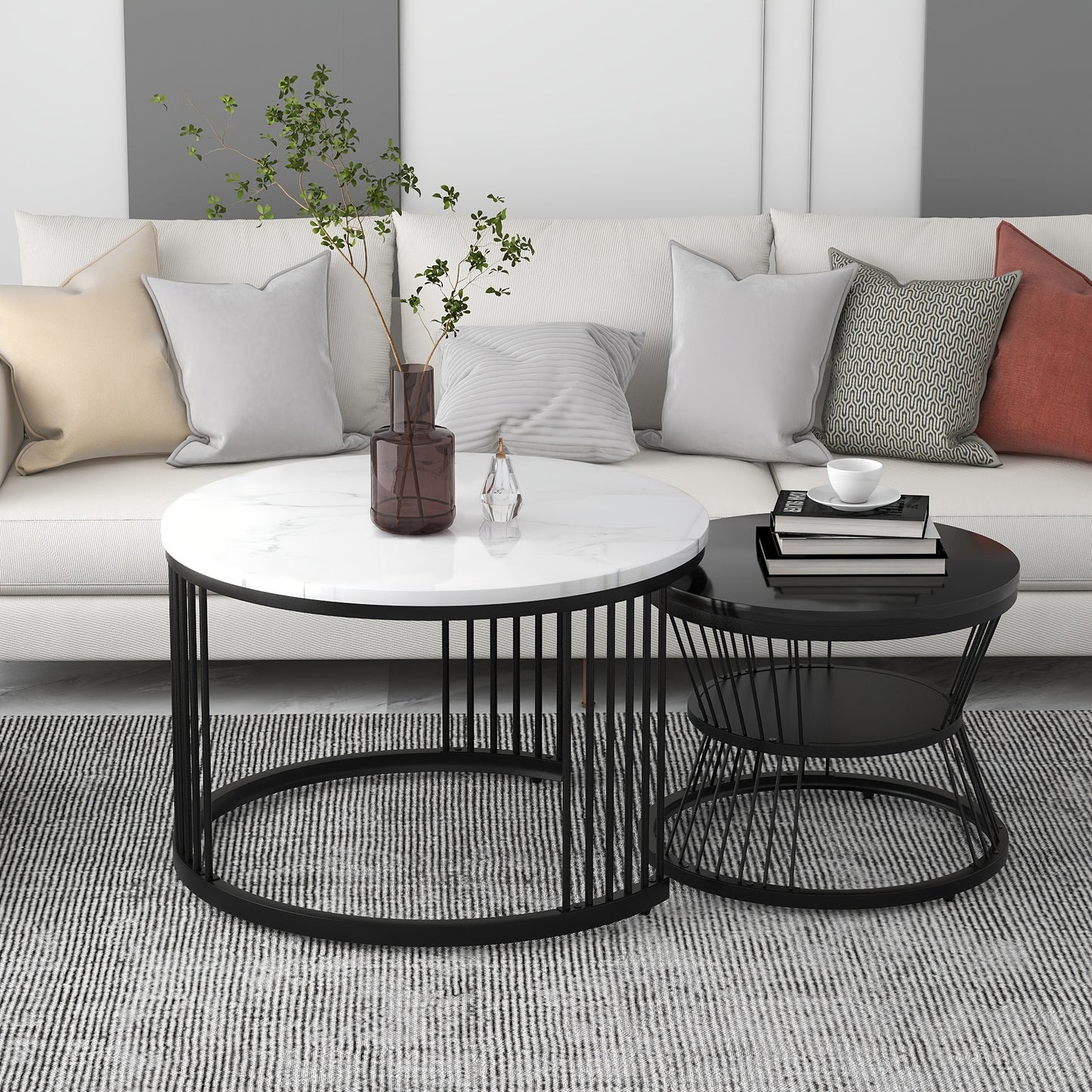 Salontafelset – Salontafels – Bijzettafels – Koffietafel – Woonkamertafel – Modern Design – Hoogglans Marmerlook – Set van 2 Ronde Tafels – Zwart Metalen Frame – Eenvoudige Montage