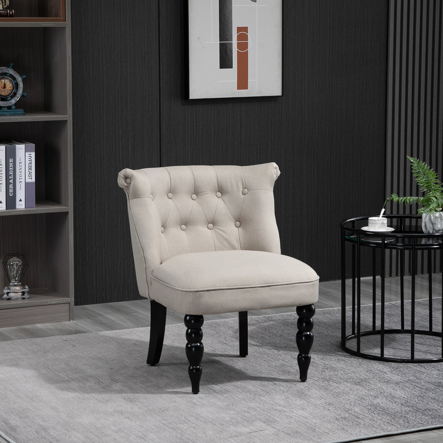 Vintage Relaxfauteuil – Relaxstoel – Lounge Chair – Eetkamerstoel – Comfortfauteuil – Linnen Bekleding – Houten Frame – Beige Zwart – 67x67x78 cm – Comfortabel & Duurzaam