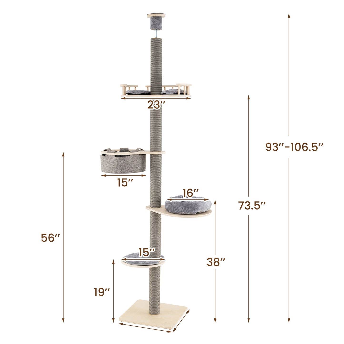 Krabpaal – Kattenboom – Kattenhuis – Kattentoren – Krabmeubel – Verstelbare Hoogte 236-271 cm – 5 Niveaus Met Hangmat En Zacht Mandje