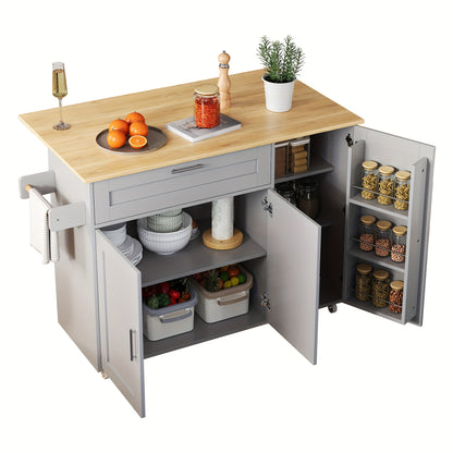 Large Mobile Kitchen Table with Foldable Countertop - Heavy-Duty Metal Construction, Space-Saving Design, 5 Casters for Easy Mobility, Modern Kitchen Island or Dining Table with Cabinet & Spice Rack - Ideal for Small Kitchens