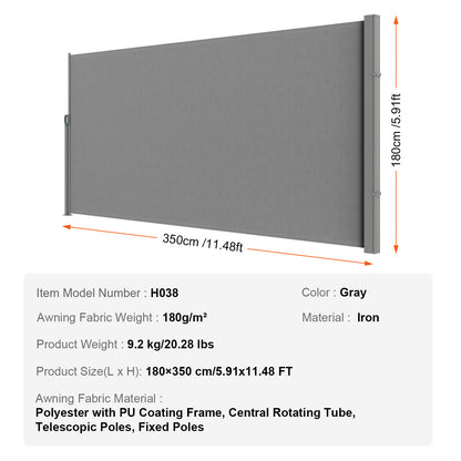 Uittrekbaar Zijscherm – Privacy Scherm – Windscherm – Ruimteverdeler – Balkon Scherm – Waterdicht Polyester 180g – UV Bescherming 30+