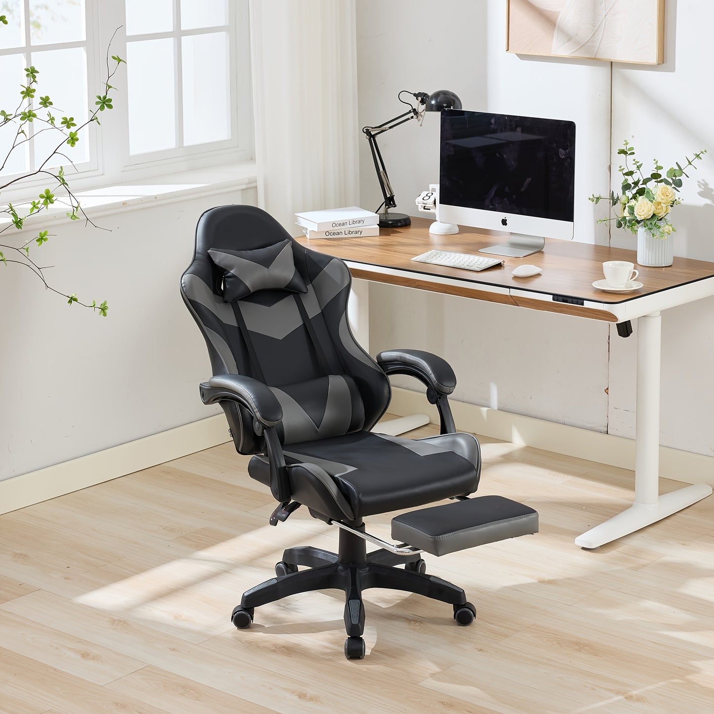 360° Rotating Racing Car Design Lounge Chair, Gaming Chair, High-back Office Chair, Height Adjustable, with Wheels, Footrest, Headrest And Lumbar Support.