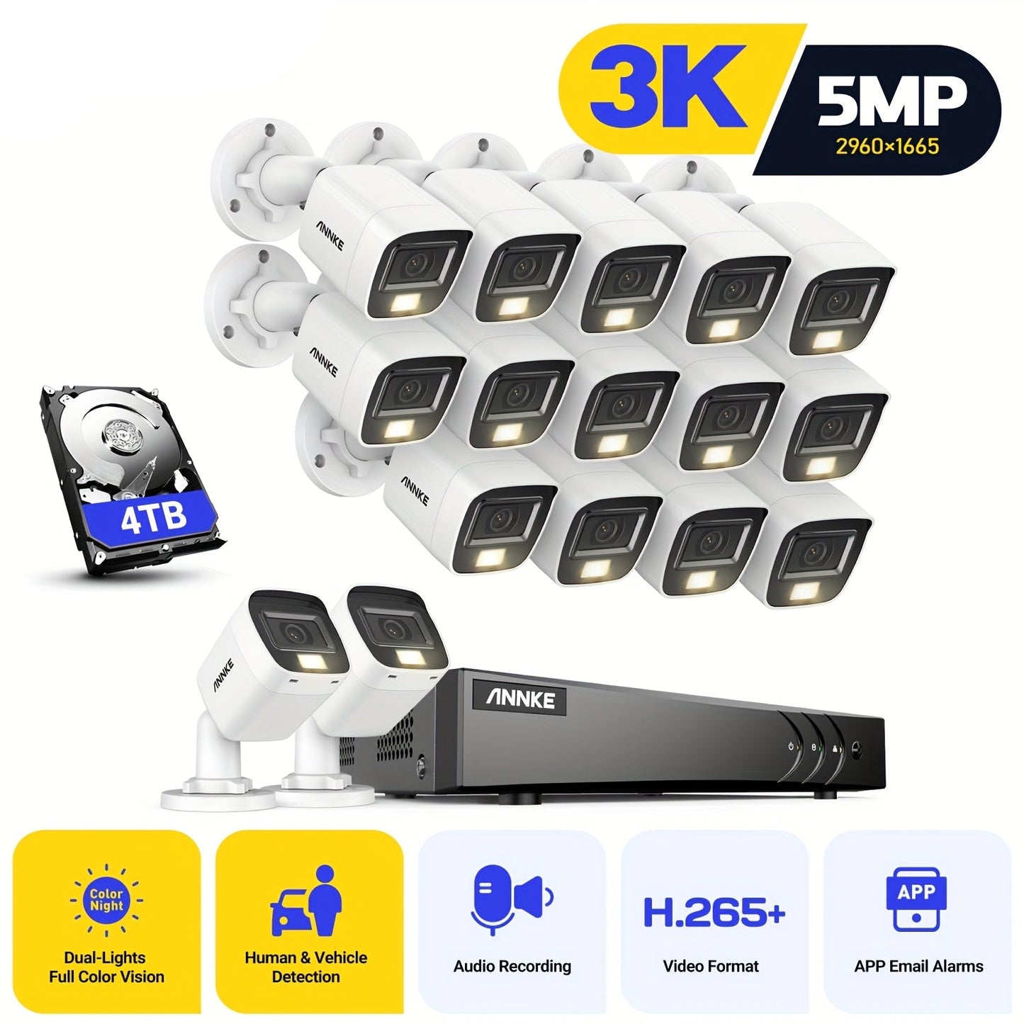 Beveiligingssysteem – CCTV Camera Set – 3K Beveiligingscamera – Bewakingscamera – Security Camera – 16 Camera's – 4TB HDD – Smart Dual-Light Nachtzicht – AI Personen- en Voertuigdetectie