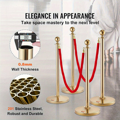 Afzetpaal – Afzetpalen – Afzetpaaltjes – Kettingpalen – Afzetkoord – Set Van 8 Gouden Palen – 6 Rode Fluwelen Koorden 152,4 cm