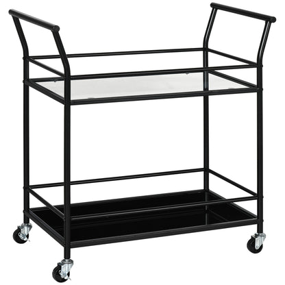 Keukentrolley – Serveerwagen – Keukenwagen – Rolwagen – Opbergtrolley – 2 glazen planken – Metalen frame – 75x40x80 cm – Zwart – 4 zwenkwielen met remmen
