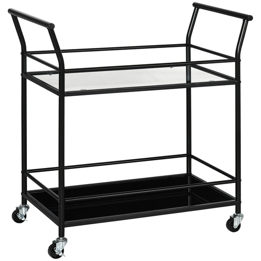 Keukentrolley – Serveerwagen – Keukenwagen – Rolwagen – Opbergtrolley – 2 glazen planken – Metalen frame – 75x40x80 cm – Zwart – 4 zwenkwielen met remmen