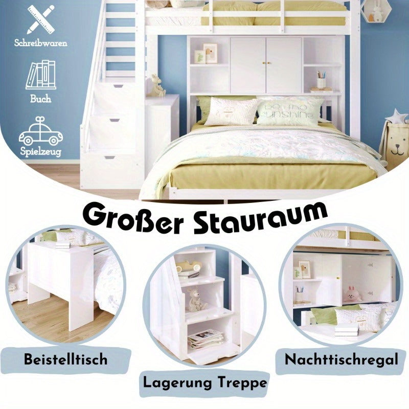 Hoogslaper – Stapelbed – Eenpersoonsbed – Kinderbed – Bed met Bureau – Ruimtebesparend – Gemakkelijk te Montaren Zonder Gereedschap – Wit Modern Design