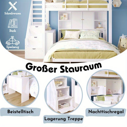 Hoogslaper – Stapelbed – Eenpersoonsbed – Kinderbed – Bed met Bureau – Ruimtebesparend – Gemakkelijk te Montaren Zonder Gereedschap – Wit Modern Design