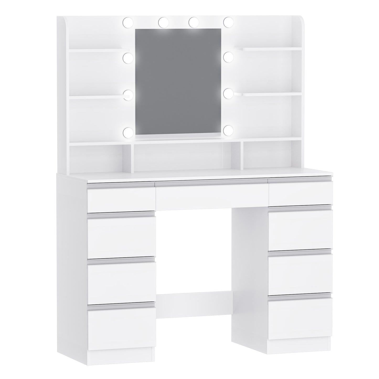 Kaptafel – Make-up Tafel – Schminktafel – Make-up Meubel – Dressing Table – Grote HD Spiegel – 1 Grote Lade & 8 Kleine Laden – 9 Open Planken – Wit Met Gouden Accenten