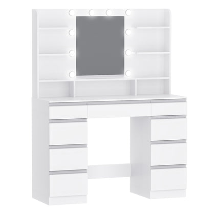 Kaptafel – Make-up Tafel – Schminktafel – Make-up Meubel – Dressing Table – Grote HD Spiegel – 1 Grote Lade & 8 Kleine Laden – 9 Open Planken – Wit Met Gouden Accenten