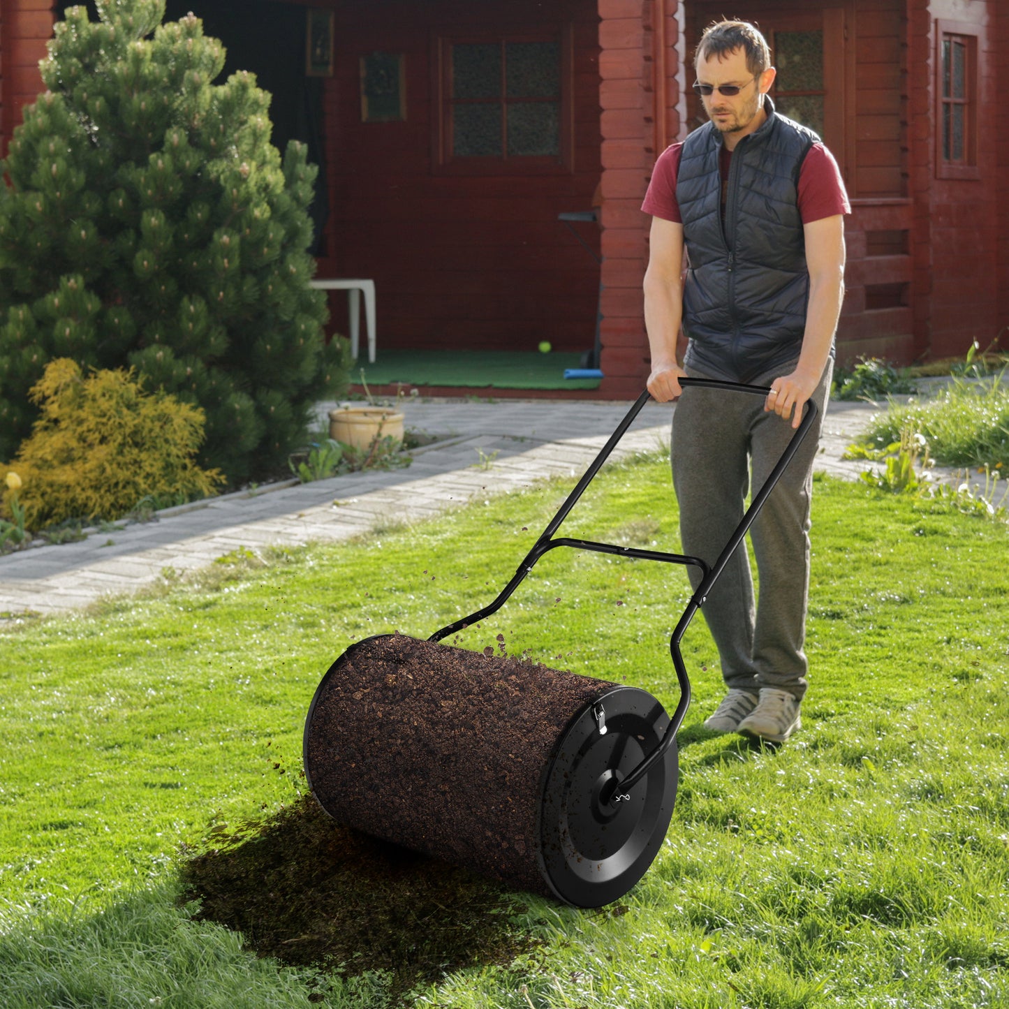 Compoststrooier – Meststrooier – Zandstrooier – Zaadstrooier – Tuinstrooiwagen – 76 Liter Inhoud – Ergonomisch U-Handvat – Metalen Rol