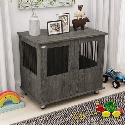 Hondenbench – Hondenhok – Hondenkooi – Hondenhuis – Kennel – Extra Ruim – Hout & Metaal – Dubbele Deuren Met Magneetsluiting – Modern Grijs – Voor Middelgrote en Grote Honden