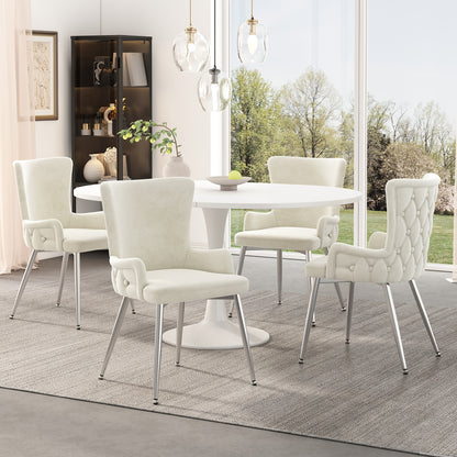 Eetkamerstoel – Stoel – Designstoel – Armstoel – Luxe stoel – Set van 2 Beige – Comfortabele Bekleding – Zilverkleurige Metalen Poten
