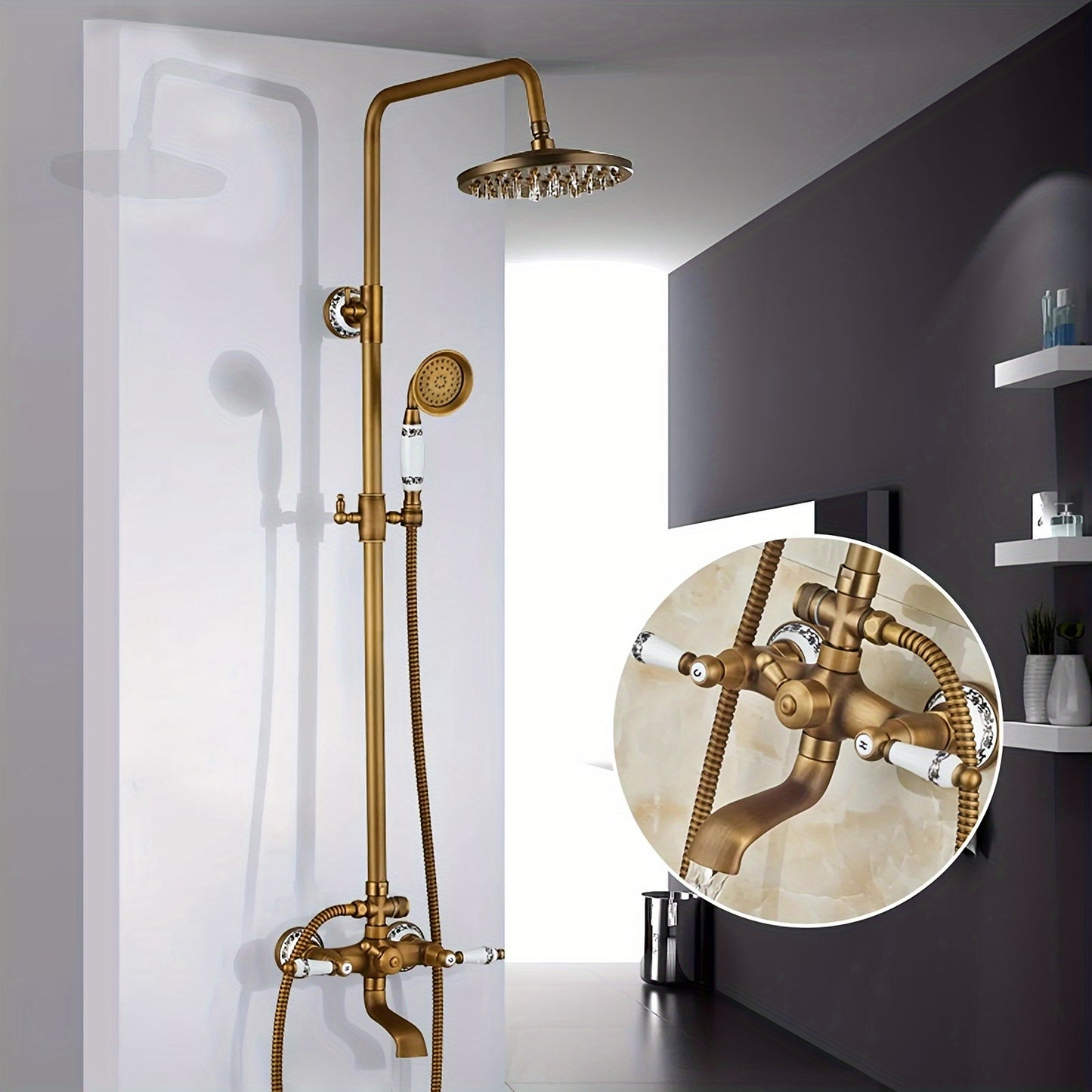 Buitendouche – Tuindouche – Regendouche – Douchekraan – Baduitloop – Antiek Messing – Regendouchekop 20,32 cm – Duurzaam Metalen Materiaal