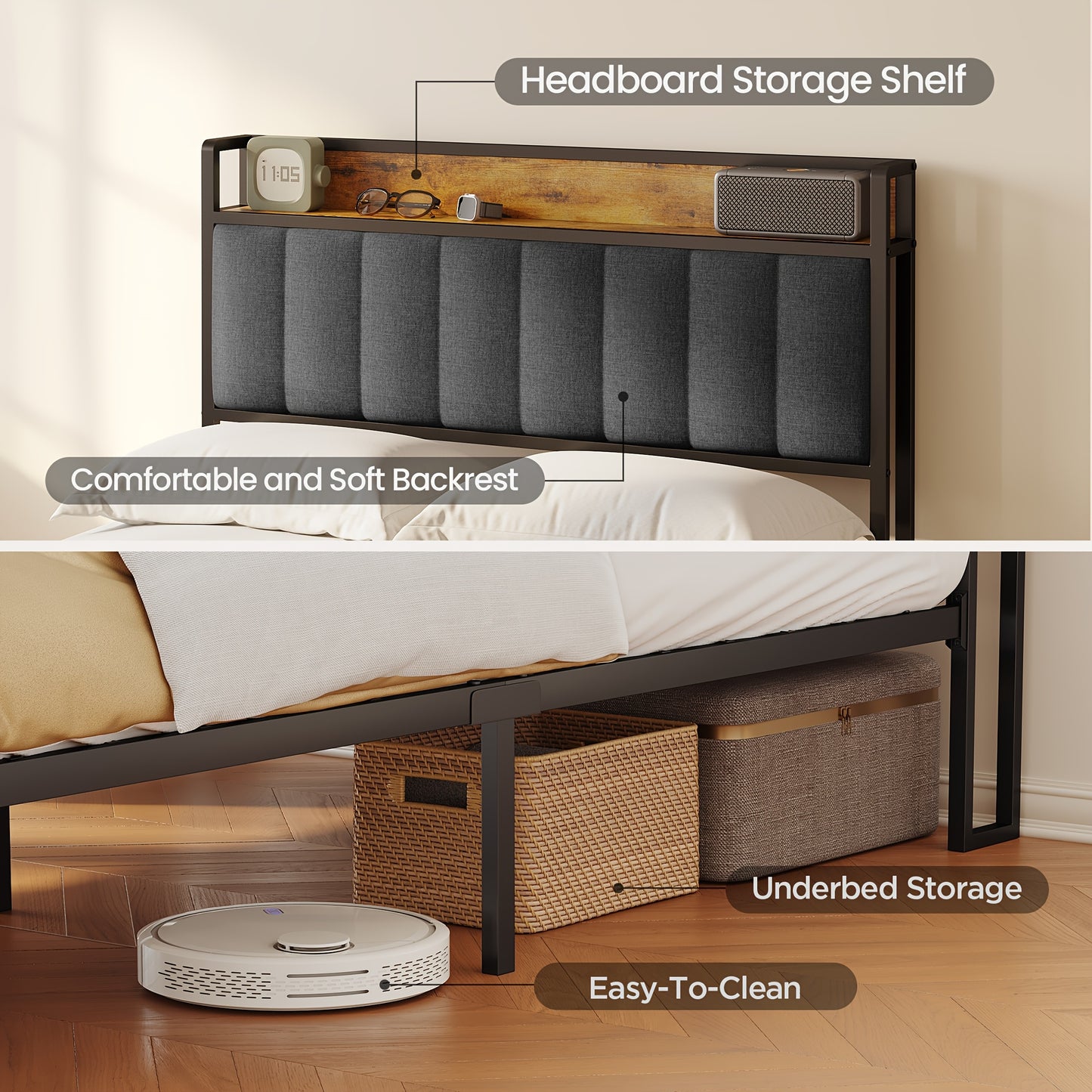 Bedframe – Bedombouw – Houten Bed – Gestoffeerd Bed – Metalen Bedframe – Donkergrijs – 120 x 200 cm – Stevige Metalen Constructie – Massief Houten Lattenbodem