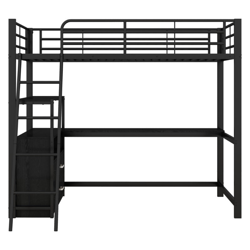 Hoogslaper Bed – Stapelbed – Studiebureau Bed – Ruimtebesparend Bed – Loft Bed Zwart – Stevig Metalen Frame – Ingebouwd L-Vormig Bureau