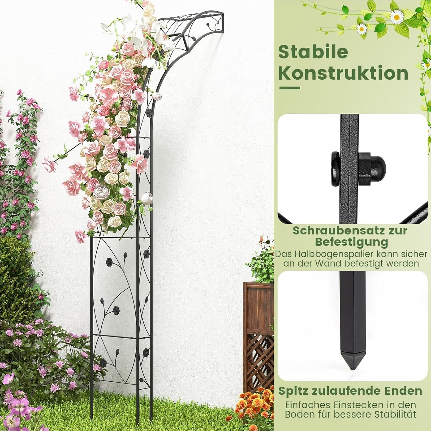 Rozenboog – Tuinboog – Klimboog – Plantenboog – Klimsteun – Zwart Metaal – 150 x 40,5 x 251,5 cm – Twee Halve Bogen