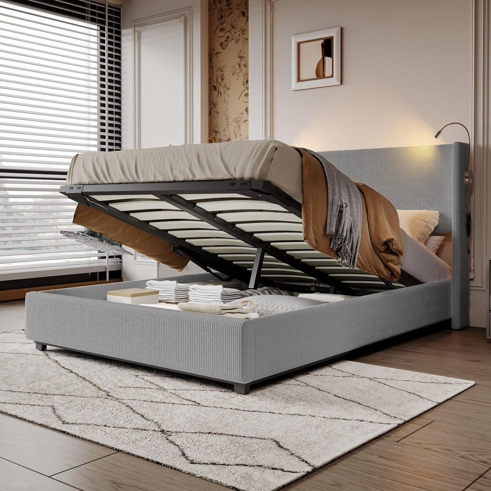 Gestoffeerd Bed – Hydraulisch Bed – Opbergruimte Bed – Tweepersoonsbed – Bedframe Met Lattenbodem – 140x200 cm – Met Leeslamp En USB Oplader – Grijs