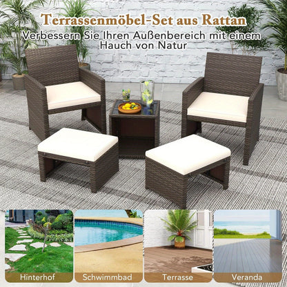 tuinmeubelset – loungeset – tuinstel – zitgroep – balkonset – 5-delig – rattan – glazen tafel – comfortabele fauteuils – voetkrukjes