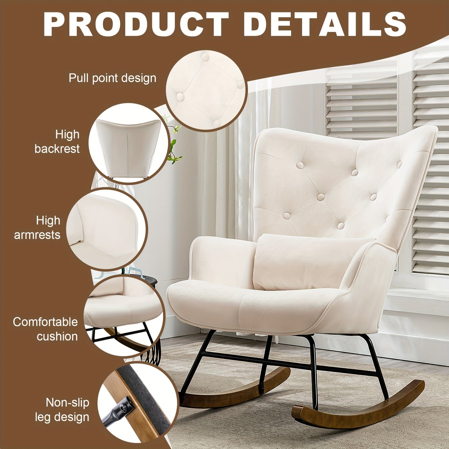Schommelstoel – Relaxstoel – Fauteuil – Loungestoel – Schommelfauteuil – Scandinavisch Design – Fluwelen Bekleding – Met Metalen Frame en Houten Basis – Vintage Beige – Comfortabele Zitting