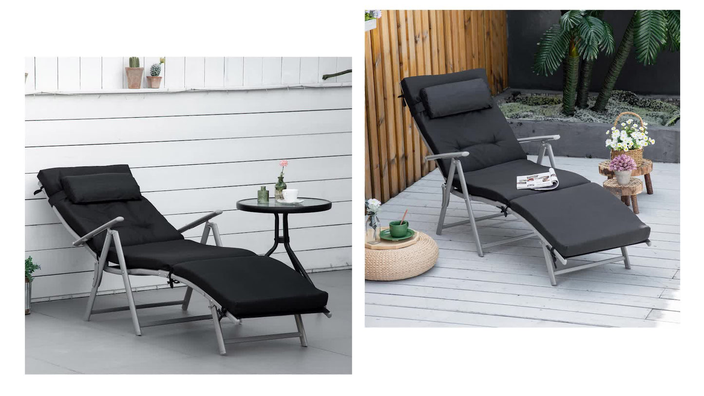 Zwarte Ligstoel – Tuinstoel – Relaxstoel – Lounge Chair – Zonnebed – 7 Posities Verstelbaar – Met Comfortabel Matras en Metalen Armleuningen