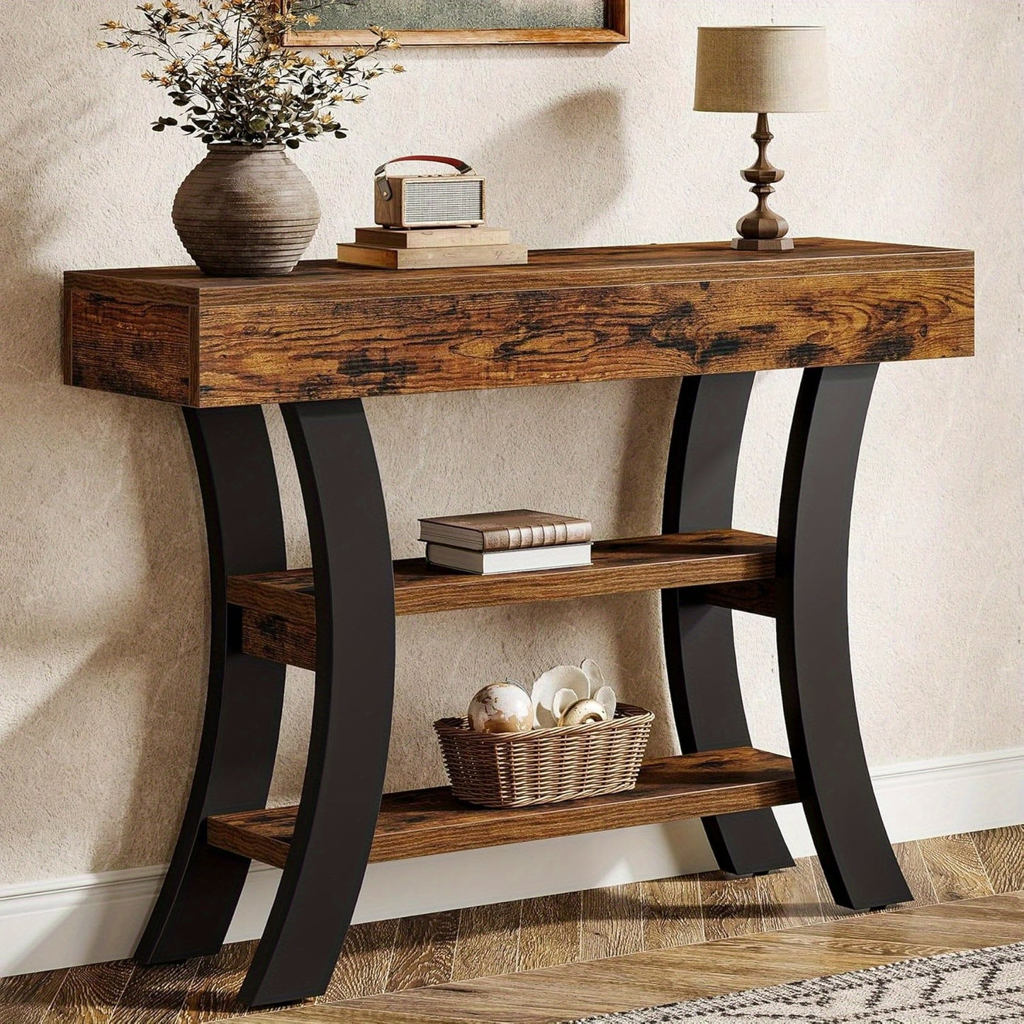 Sidetable – Haltafel – Sofa Tafel – Console Tafel – Wandtafel – 104 cm – 3 Opbergplanken – Rustic Brown – Gebogen Frame