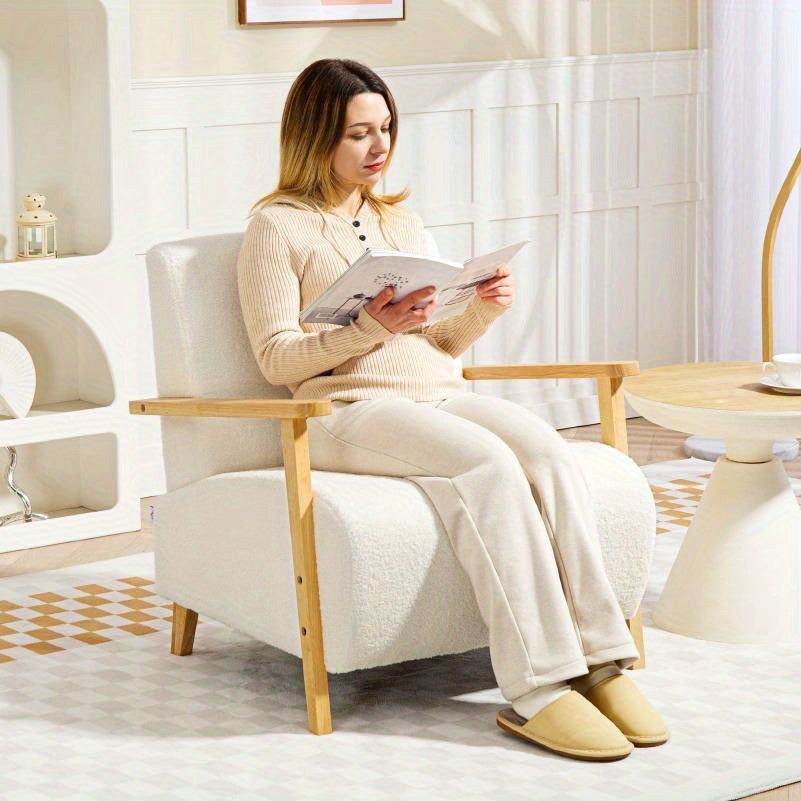 Fauteuil – Lounge Chair – Relaxstoel – Zitstoel – Relaxfauteuil – Handmatig Verstelbaar – Stevige Houten Poten 120 kg – Crème Wit Met Beige Armleuningen