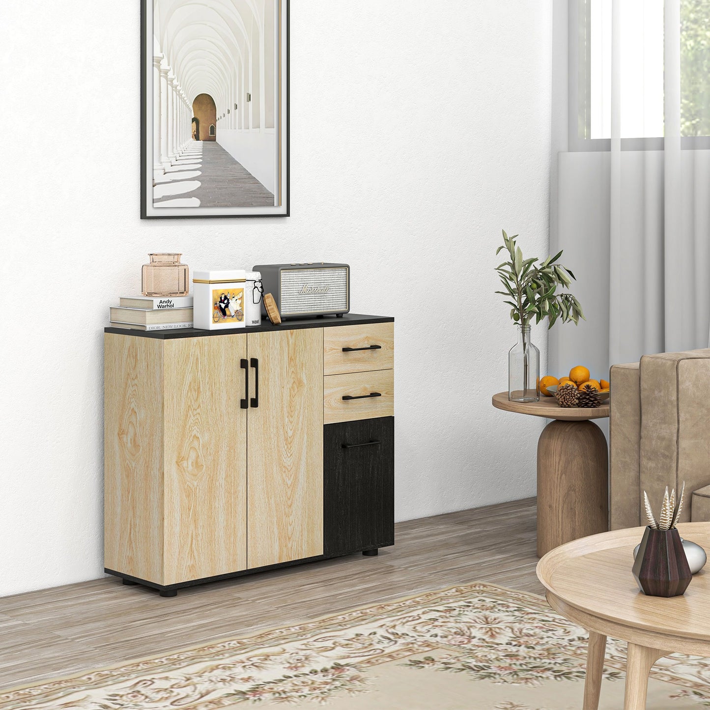 Sideboard – Dressoir – Opbergkast – Kast – Buffet – Natuurlijk Zwart – 90x30x75,5 cm – MDF Met Houtnerfafwerking – Verstelbare Plank & 3 Lades