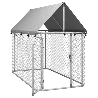 Hondenren Buiten – Hondenhok Outdoor – Hondenkooi – Hondenafscheiding – Metalen Hondenren Zilver – Met Dak – 200x100x150 cm – Stevig Weerbestendig Frame