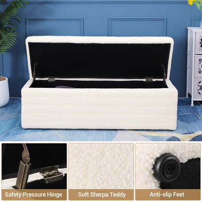 Stool with Storage Space, Modern Bench Bedroom Storage Box Teddy Fabric Footstool Chest 118cm, Beige, Spacesaving Stool, Home Organization, Minimalist Bench, Contemporary Footstool, Cozy Material, Soft Upholstery, Fabric Foot