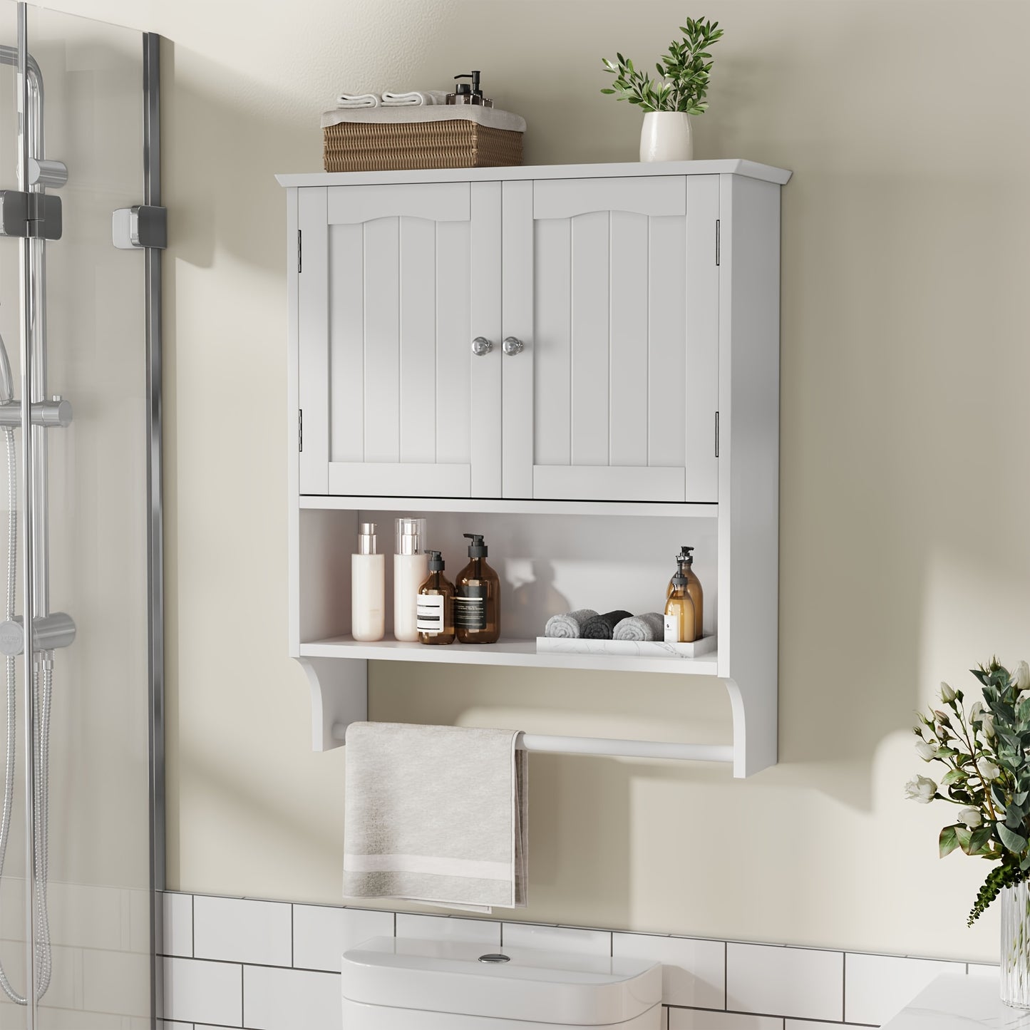 Wandkastje Badkamer – Opbergkastje Muurkastje Medicijnkastje Handdoekenrek – Wit MDF Hardhout – 2 Verstelbare Planken – Wandmontage Space Saver