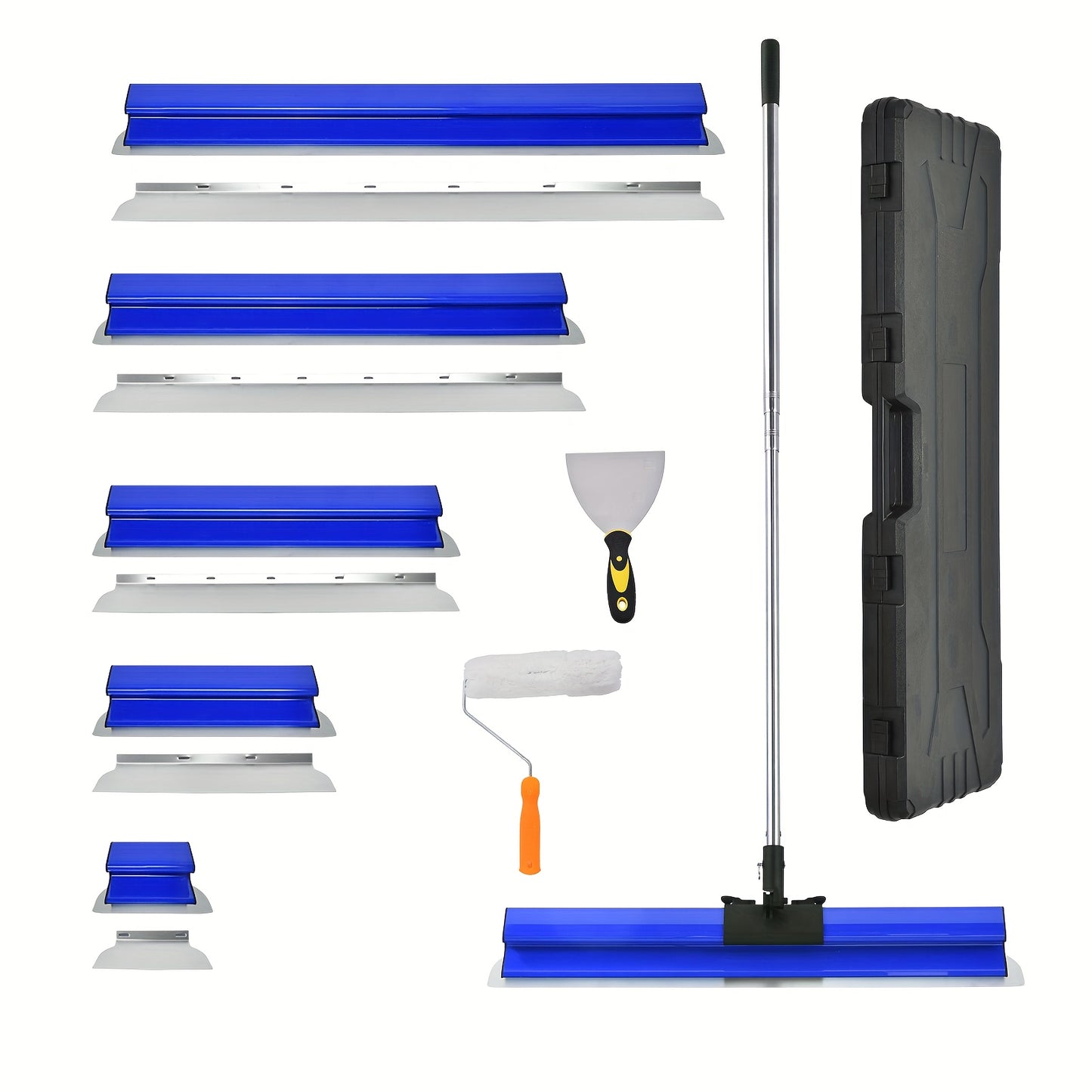 Plamuurmes Set – Plamuurmes – Voegspatel – Schraper – Behangafsteker – Verstelbare Telescopische Steel 86-206 cm – 45° Precision-Geslepen Roestvrijstalen Messen – Compacte Opbergkoffer – Blauw