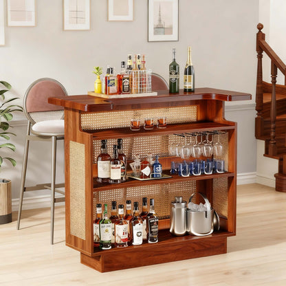 4-Traps Rattan Bartafel – Barkast – Serveerwagen – Drinktafel – Barplank – 4 Bekerhouders – Verhoogde Basis 13 cm – E1 Deeltjesplaat Caramelbruin