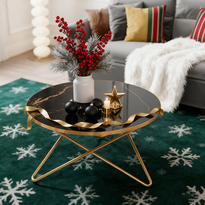 Rond Tafeltje – Bijzettafel – Salontafel – Nachtkastje – Plantenstandaard – Marmerlook Met Gouden Aders – Stevige MDF Basis – Compact Formaat 89,99 cm Diameter