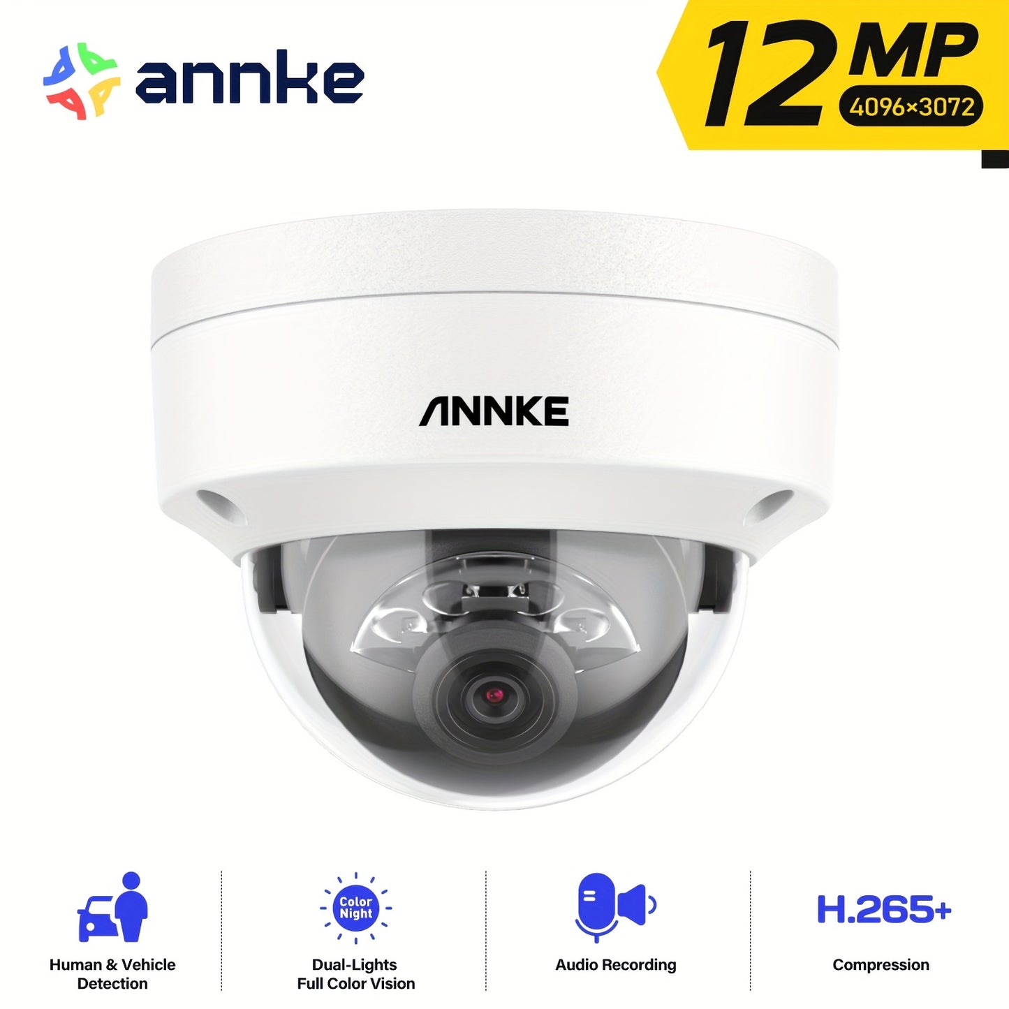 12MP PoE Dome Beveiligingscamera – Bewakingscamera – Camera Voor Buiten – Bewaking Dome – Dome Cam – Mens- en Voertuigdetectie – Kleurennachtzicht Met Spotlight