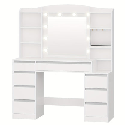 Kaptafel – Make-up Tafel – Vanity – Make-up Meubel – Sieradentafel – 100 cm Breed Werkblad – RGB LED Verlichting – 8 Lades – Witte Afwerking – Geïntegreerde Sieradenplank