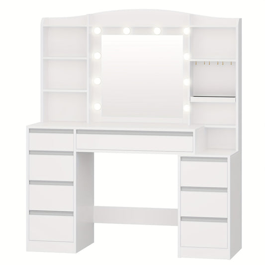 Kaptafel – Make-up Tafel – Vanity – Make-up Meubel – Sieradentafel – 100 cm Breed Werkblad – RGB LED Verlichting – 8 Lades – Witte Afwerking – Geïntegreerde Sieradenplank