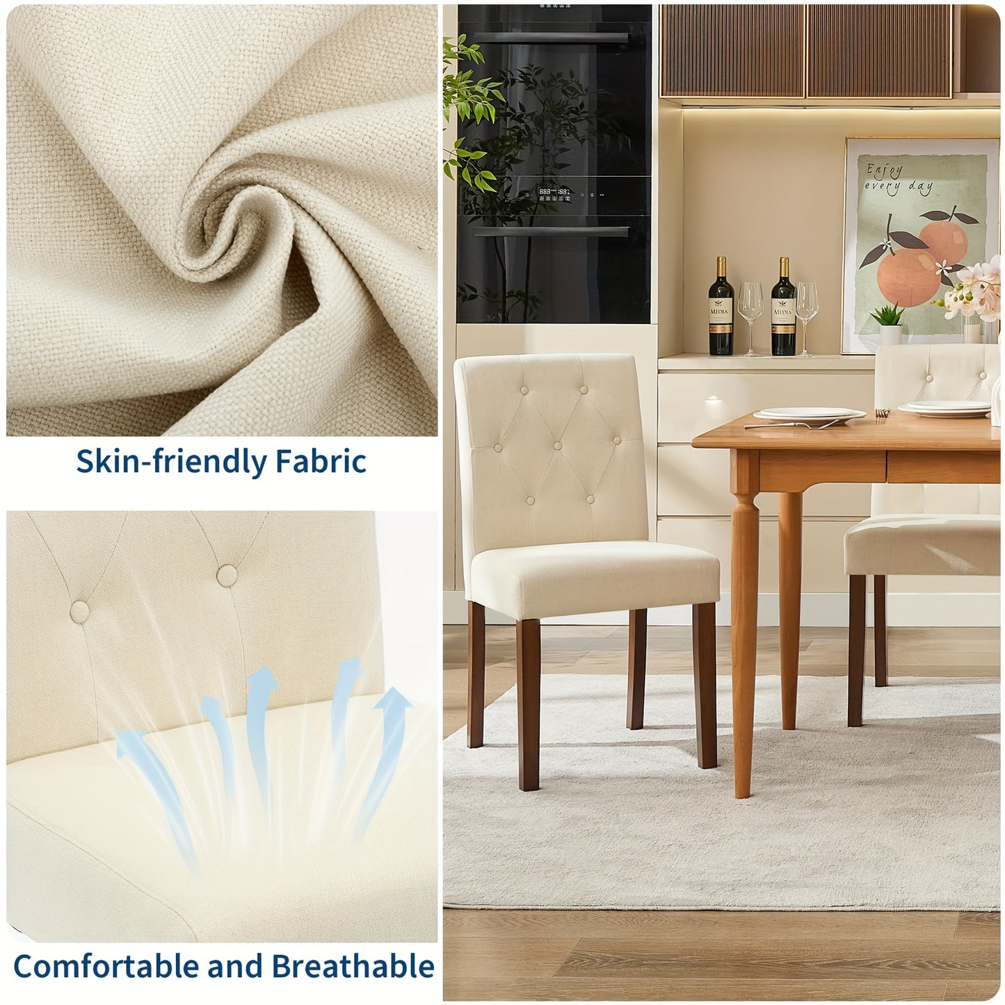 Eetkamerstoelen – Stoelen – Dining Chairs – Keukenstoelen – Zitmeubels – Beige Set van 2 – Stevig Houten Frame – Comfortabele Gevoerde Zitting