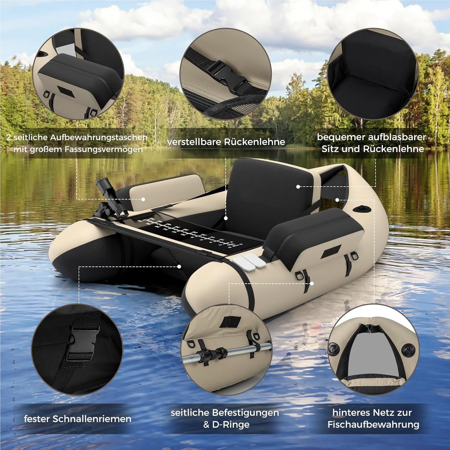 Opblaasbare Visboot – Belly Boat – Vissersboot – Inflatable Kano – Vlot Voor Volwassenen – Inclusief Pomp en Peddels – 150 kg Draagvermogen – Verstelbare Rugleuning – Beige – 135 x 109 x 54 cm