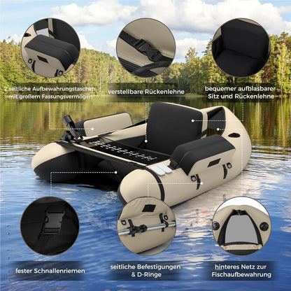 Opblaasbare Visboot – Belly Boat – Vissersboot – Inflatable Kano – Vlot Voor Volwassenen – Inclusief Pomp en Peddels – 150 kg Draagvermogen – Verstelbare Rugleuning – Beige – 135 x 109 x 54 cm