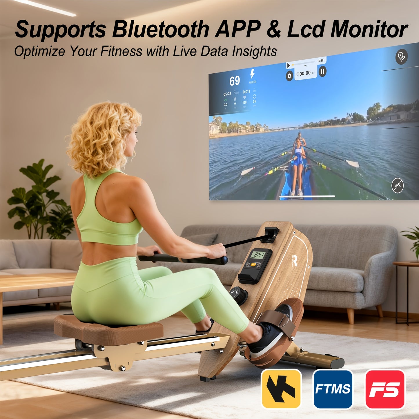 VOWVIT Rowing Machine for Home, Magnetic Rowing Machine with Wireless Monitor, 16 Resistance Levels, Compact Rowing Machine with 150kg Weight Capacity, Vertical Storage