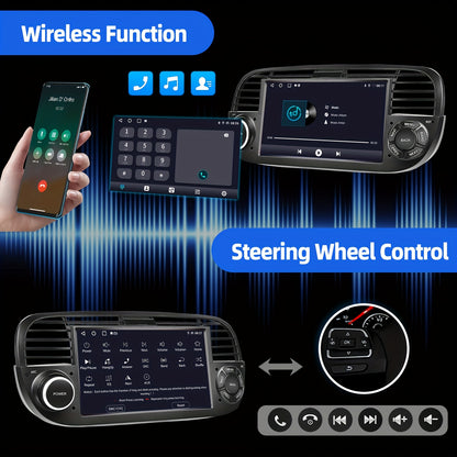 ESSGOO 4G+64G Auto Radio Android 14 Car Stereo Multimedia Player 2 DIN 7 inch/17.78cm HD Screen For Fiat 500 2007-2015 With Wireless Carplayer, Android Auto, WiFi FM RDS USB SWC CANBUS (AHD Camera&Microphone&DVR for optional)