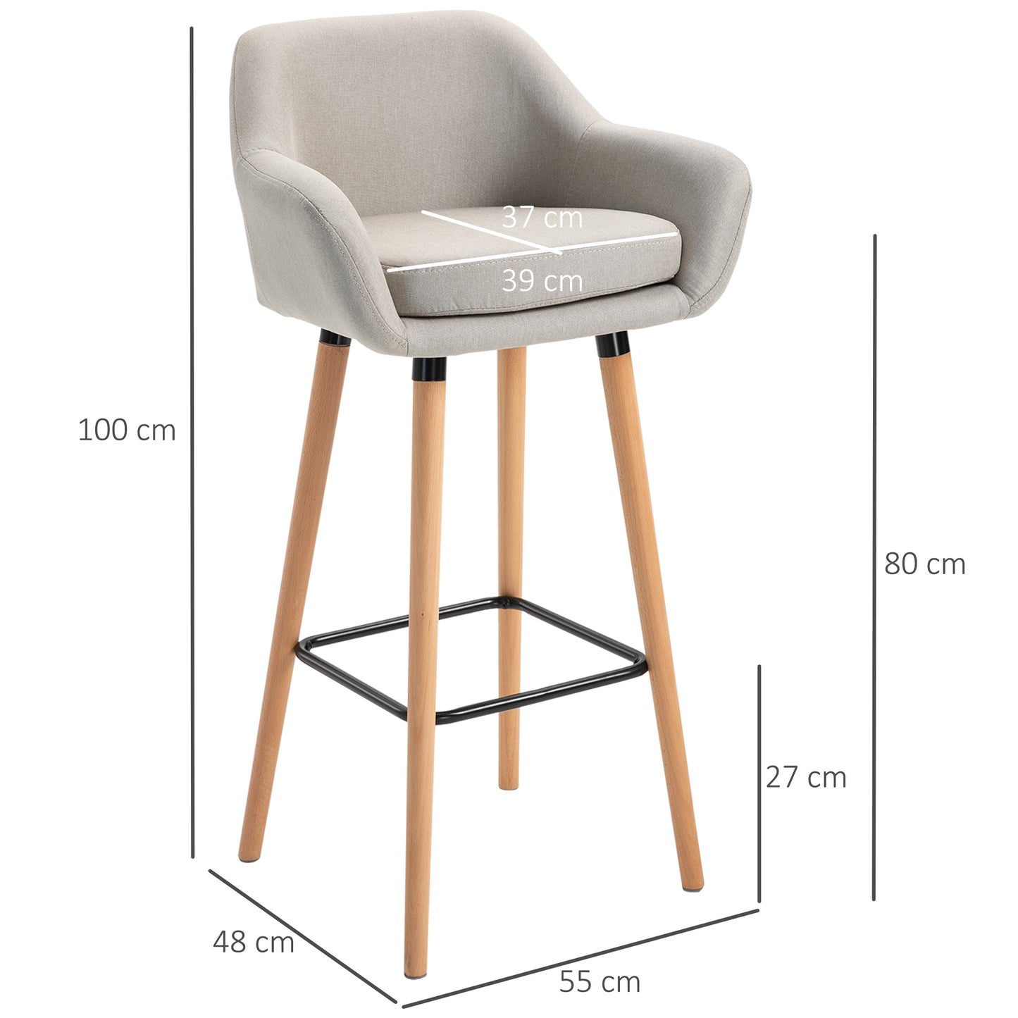Barstoel – Barkruk – Barstoel Kruk – Keukenstoel – Barkrukken Set Van 2 – Beige – Massief Houten Poten – Zithoogte 80 Cm