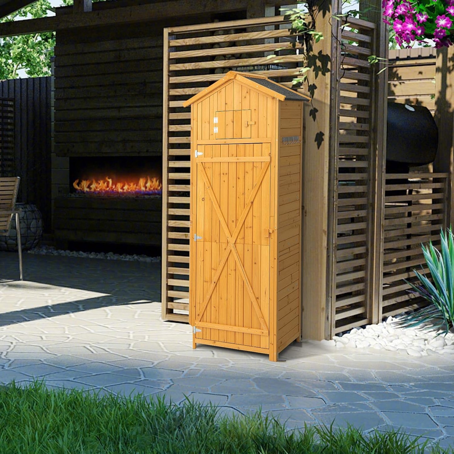 Houten Tuinkast – Tuinopberger – Buitenberging – Tuinberging – Opbergkast Tuin – 180,5 CM Hoog – Afsluitbare Deuren Met Inklapbare Tafel