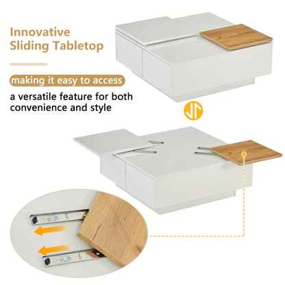 Salontafel – Koffietafel – Woonkamertafel – Bijzettafel – Tafel – Hoogglans Wit – Vierkant – Schuifbaar Tafelblad – Houten Opbergruimte