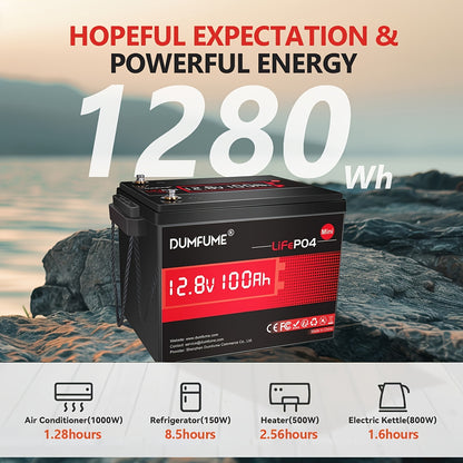 Lithium Accu – LiFePO4 Batterij – Elektrische Accu – Camper Accu – Boot Accu – 12V 100Ah – 100A BMS Bescherming – 1280W Hoog Vermogen – 6000 Levensduur Cycli